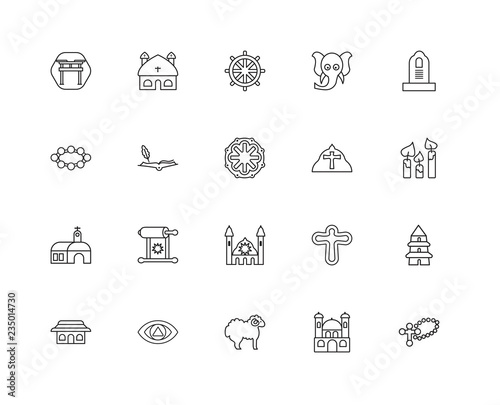 Collection of 20 religion linear icons such as Monastery, Cross,