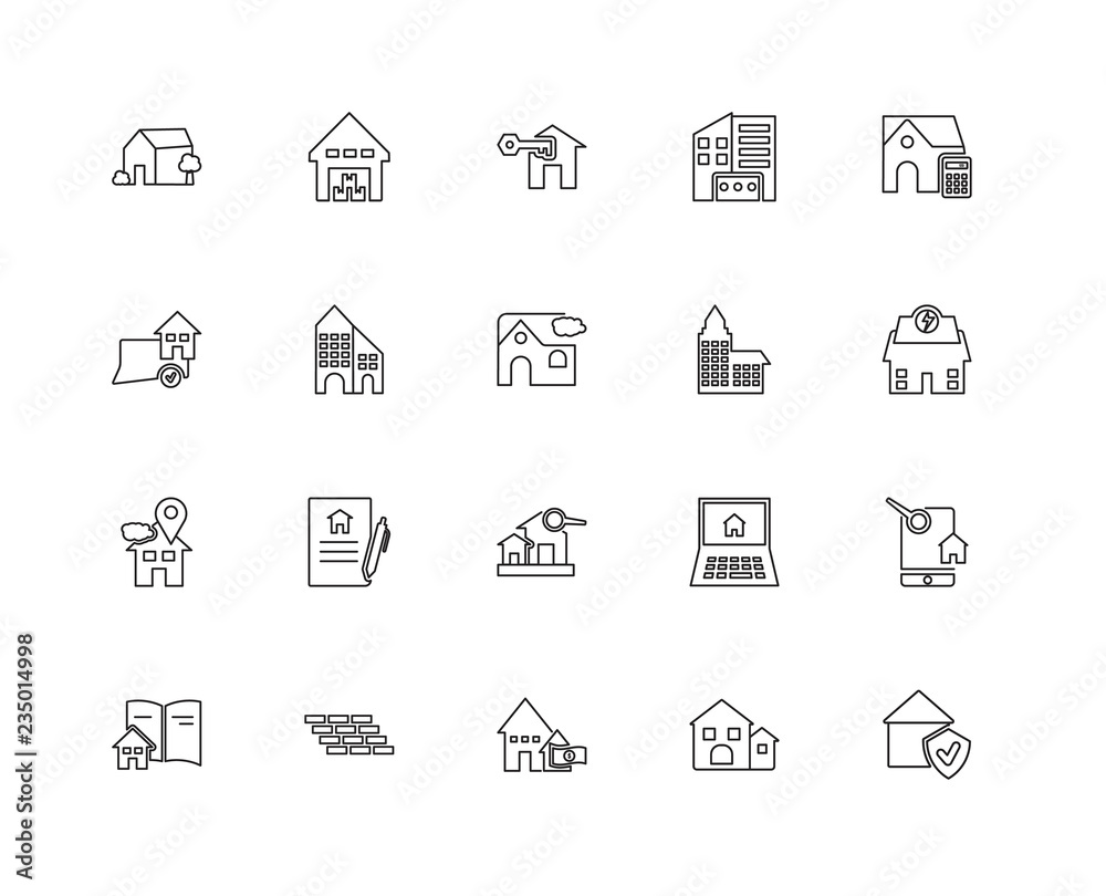 Collection of 20 Real estate linear icons such as Placeholder, G