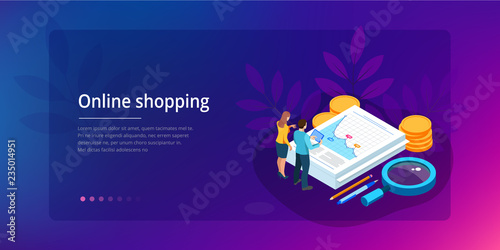 Isometric Analysis data and Investment. Stack of documents with an official stamp and pencils in a glass. Creative landing page design template.