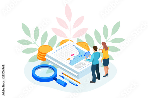 Isometric Analysis data and Investment. Stack of documents with an official stamp and pencils in a glass. Creative landing page design template.