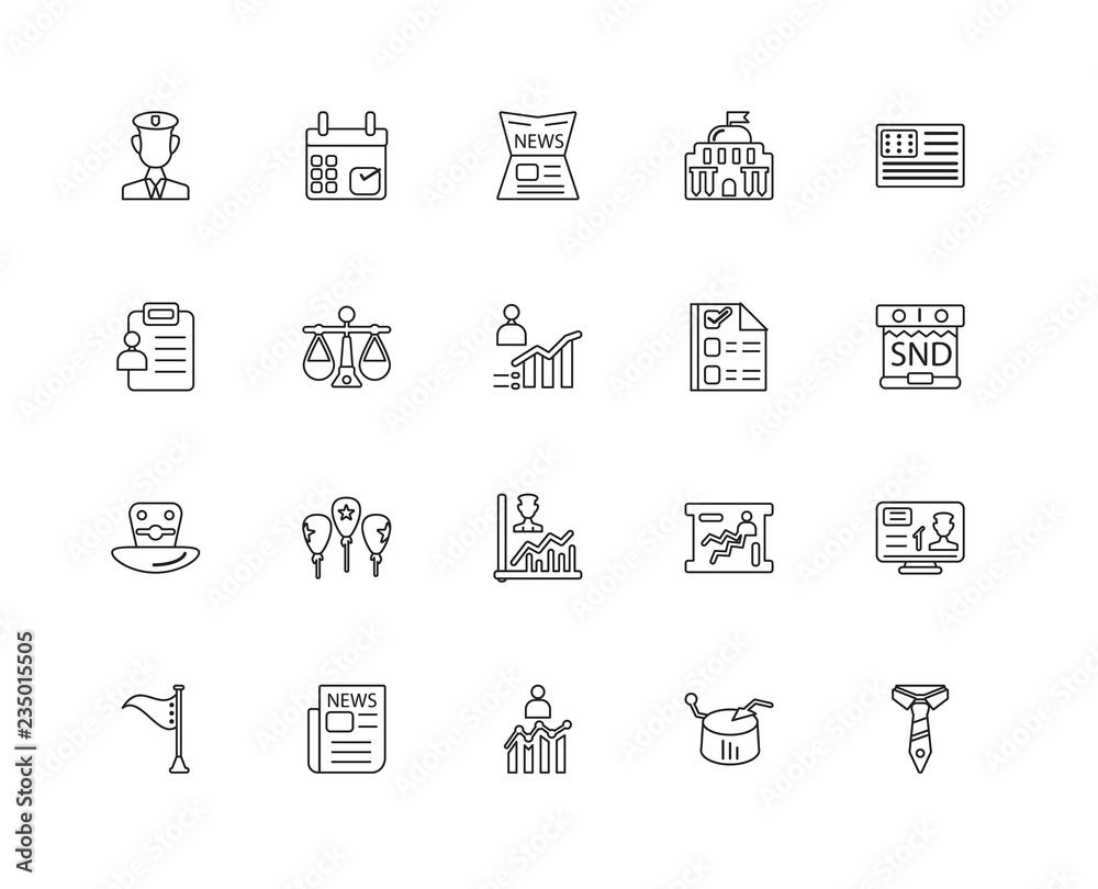 Collection of 20 Political linear icons such as Top hat, Tie, Pi Collection of 20 Political linear icons such as Top hat, Tie, Pi