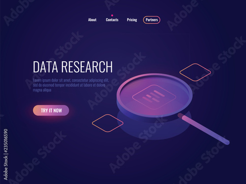 Big data processing isometric icon, magnifying glass, information searching and structuring, data sampling filtration dark neon