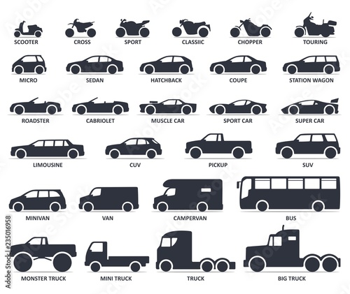 Car and Motorcycle type icons set. Title models moto and automobile