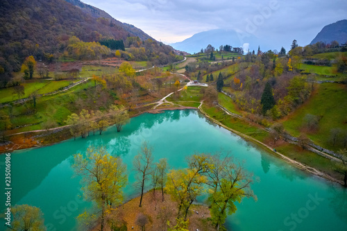 Arial View of Lake Tenno in autumn,Trento,Italy, Europa. Turquoise lake in the mountains