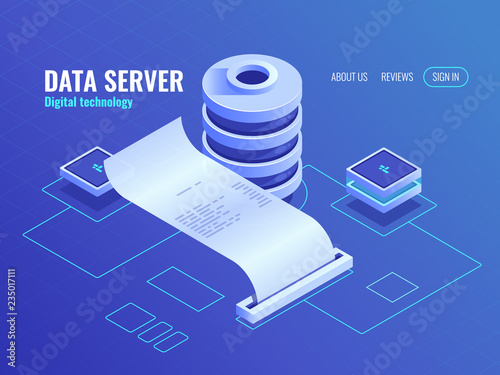 Big data processing and analyzing isometric icon, print output information from the database, data encryption process server room data center top view