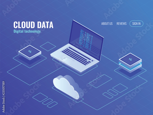 Cloud data storage services, server room isometric icon, laptop with program code on screen, secure data transfer concept top view