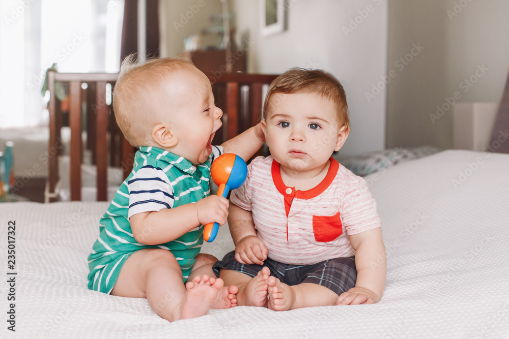 Group portrait of two white Caucasian cute adorable funny baby boys sitting  together on bed communicating and playing. Friendship childhood concept.  Best friends forever. Children fighting screaming Stock Photo | Adobe Stock