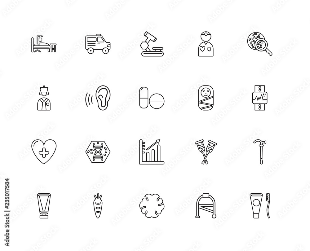 Collection of 20 medical linear icons such as Heart, Toothpaste, Collection of 20 medical linear icons such as Heart, Toothpaste,