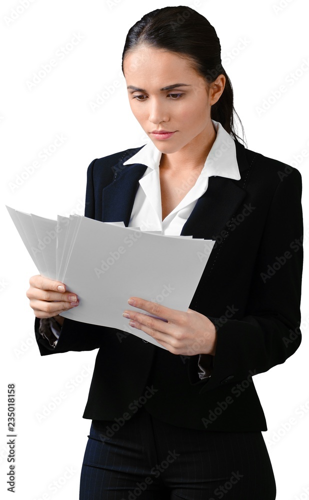 Businesswoman Reading Documents - Isoalted Businesswoman Reading Documents - Isoalted