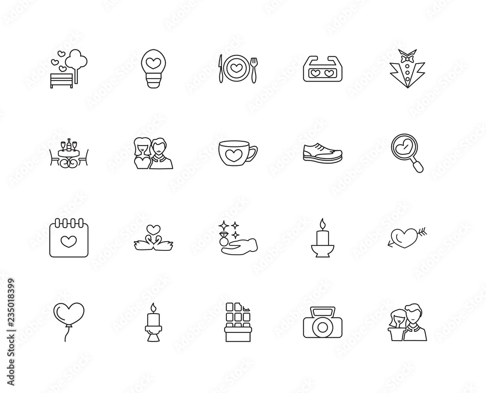 Collection of 20 love wedding linear icons such as Date, Dating,
