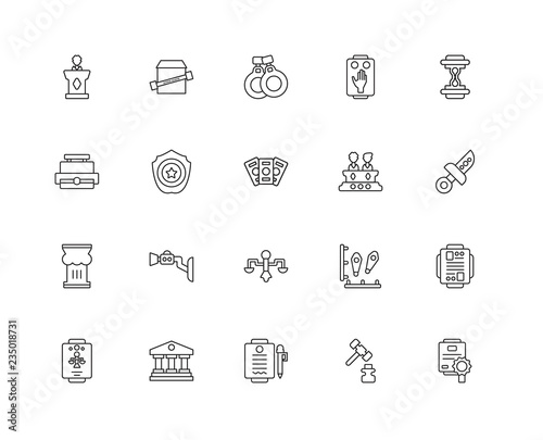Collection of 20 law and justice linear icons such as Pillar, Ce