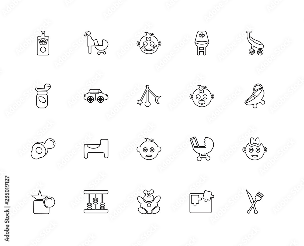 Collection of 20 Kids and baby linear icons such as Pacifier, Cu Collection of 20 Kids and baby linear icons such as Pacifier, Cu