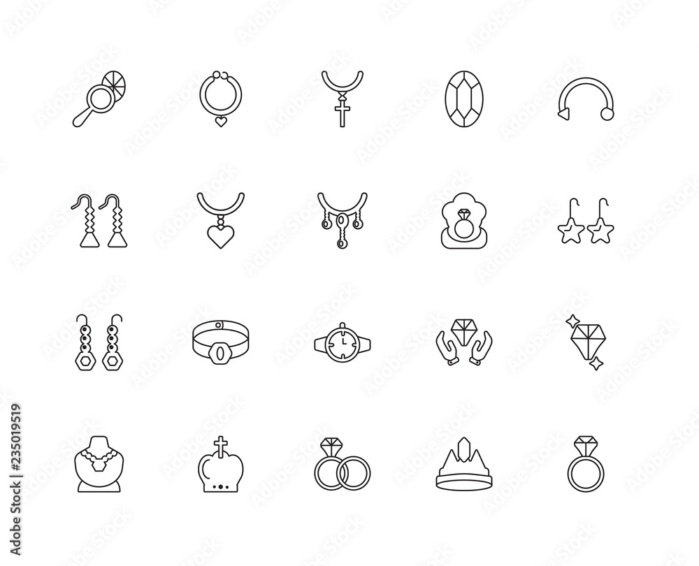 Collection of 20 jewelry linear icons such as Earrings, Ring, Cr Collection of 20 jewelry linear icons such as Earrings, Ring, Cr