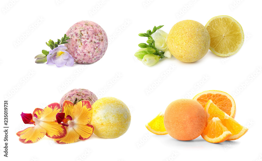 Set with aromatic bath bombs on white background Set with aromatic bath bombs on white background