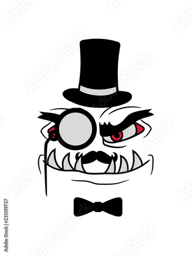 gesicht sir herr gentlemen zylinder hut monokel brille reich schnurrbart monster klein horror halloween lustig comic cartoon ungeduldig beleidigt böse frech teufel dämon clipart design photo