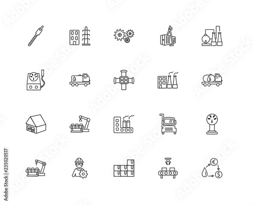 Collection of 20 industry linear icons such as Warehouse, Curren