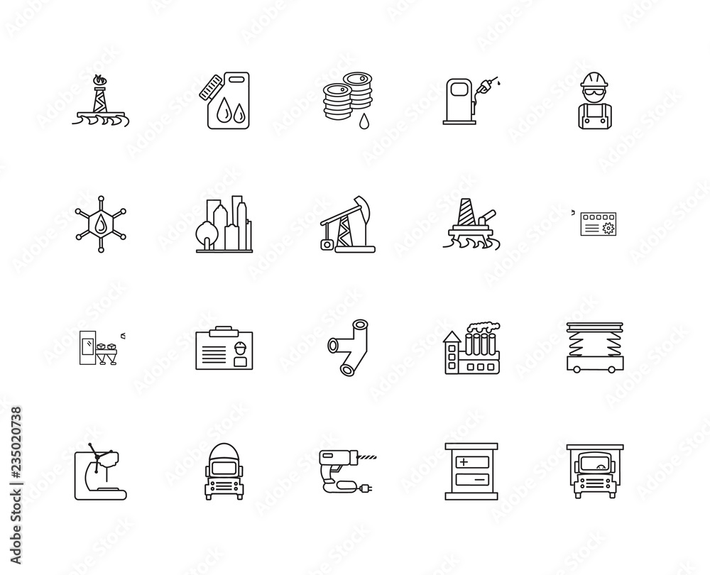 Collection of 20 industry linear icons such as Conveyor, Cargo t Collection of 20 industry linear icons such as Conveyor, Cargo t