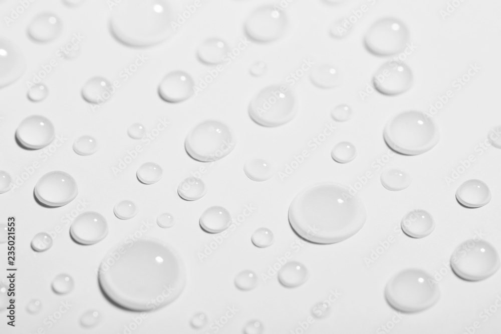 Pure water drops on white background, closeup