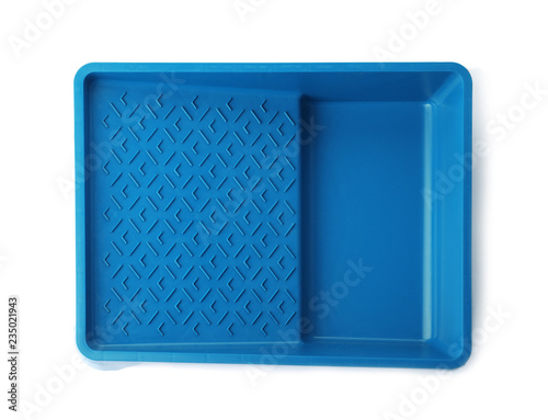 Empty plastic paint tray on white background, top view photo