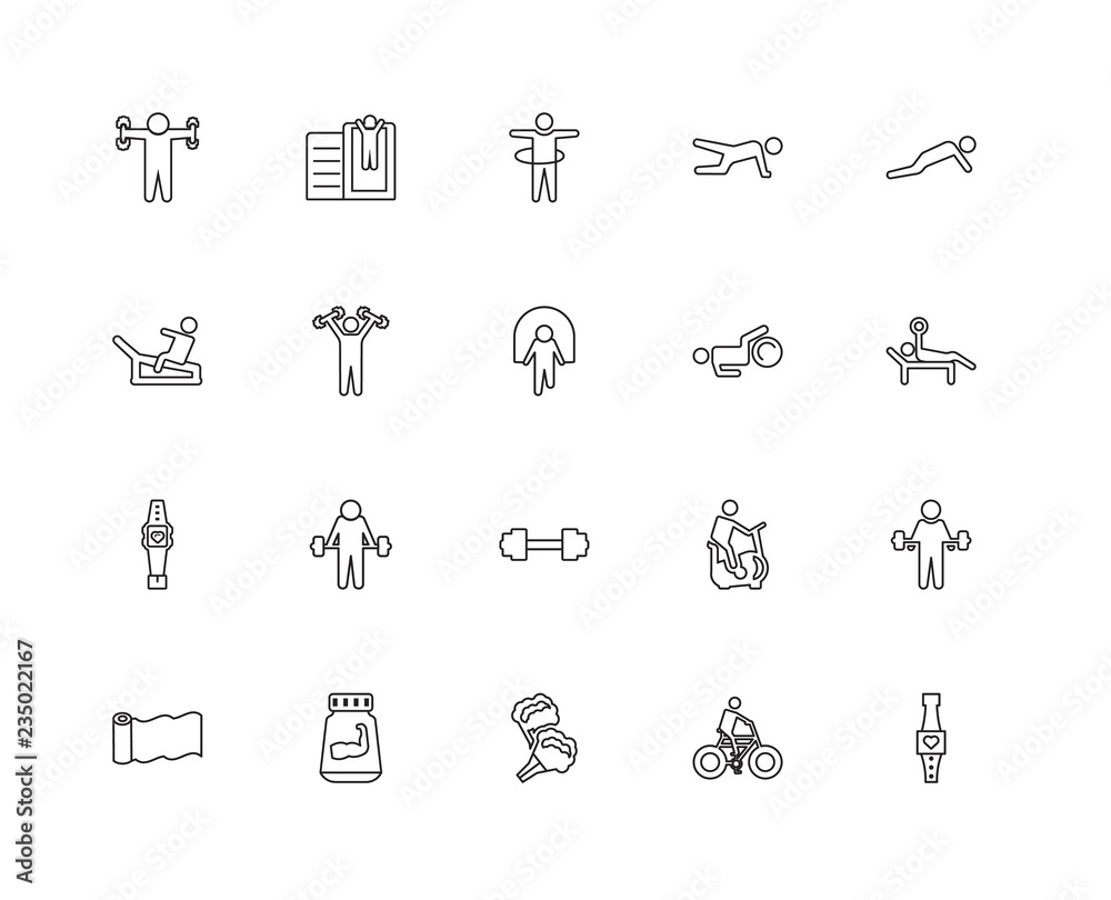 Collection of 20 GYM and fitness linear icons such as Fitness Br