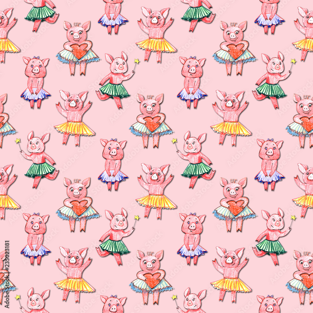 Colorful seamless pattern with pig, pastel textile fabric print illustration