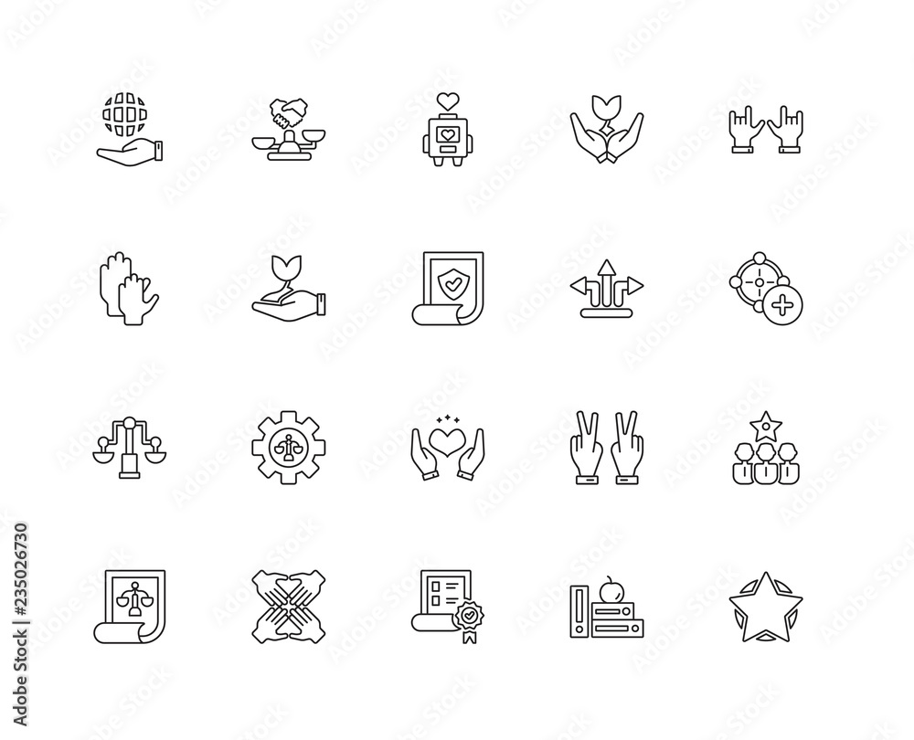 Collection of 20 ethics pictograms linear icons such as Balance,