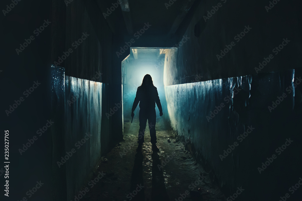 Silhouette of man maniac or killer or horror murderer with knife in hand in  dark creepy and spooky corridor. Criminal robber or rapist concept in  thriller atmosphere Stock Photo | Adobe Stock