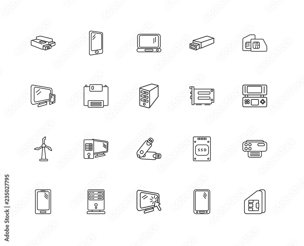 Collection of 20 electronic devices linear icons such as Turbine