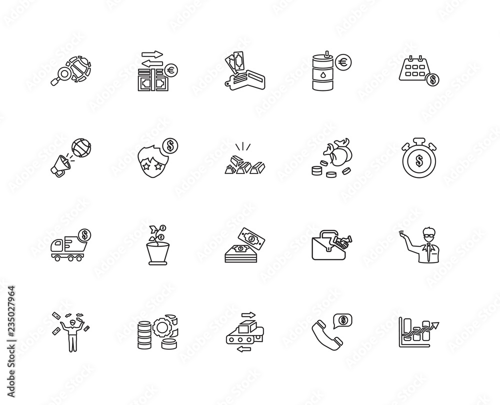 Collection of 20 economy and finance linear icons such as Growth