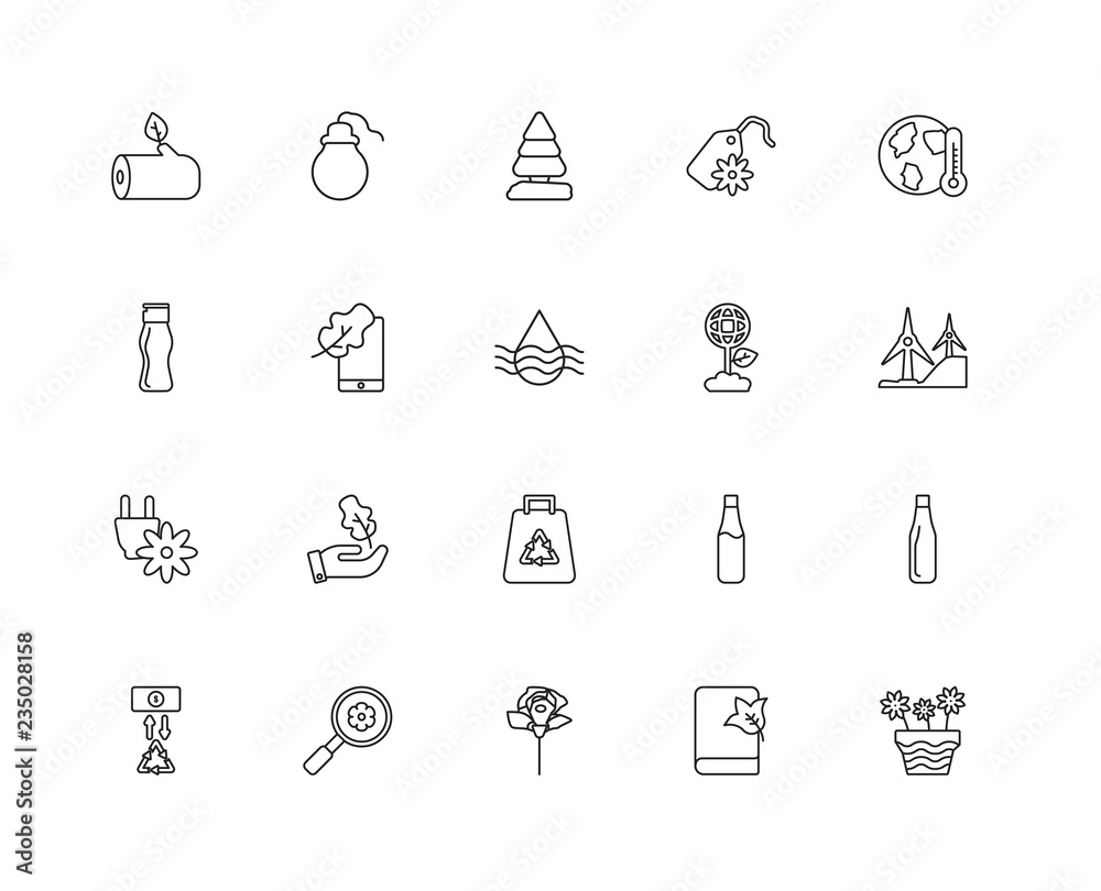 Collection of 20 Ecology linear icons such as Plug, Flowers, Boo Collection of 20 Ecology linear icons such as Plug, Flowers, Boo
