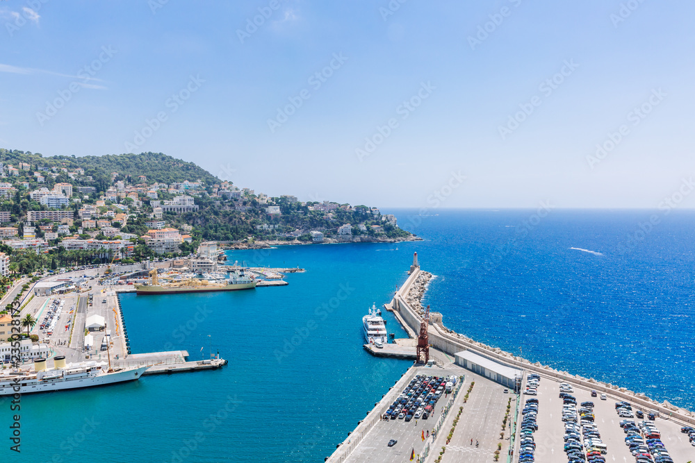 Port and lighthouse of Nice, France, viewed from the Castle Hill