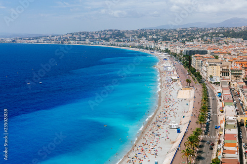 Buildings and beaches next to blue sea in the city of Nice, France