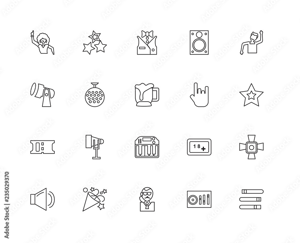 Collection of 20 discotheque linear icons such as Ticket, Contro