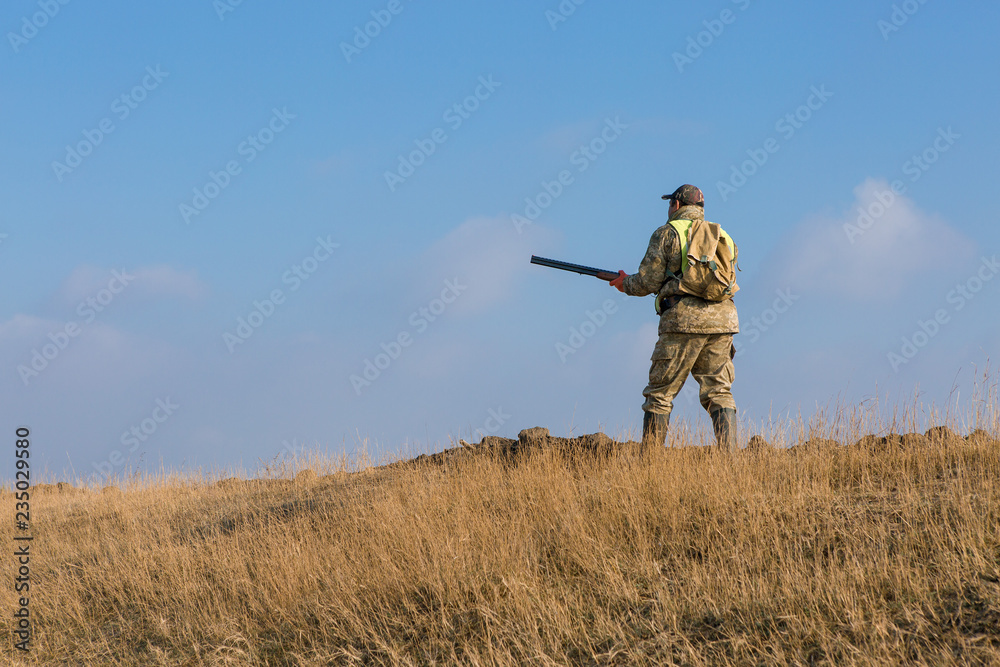 Hunter with a gun and a dog go on the first snow in the steppe, Hunting pheasant in a reflective vest Hunter with a gun and a dog go on the first snow in the steppe, Hunting pheasant in a reflective vest