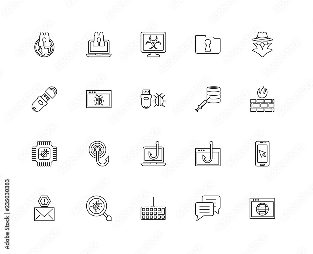 Collection of 20 Cyber linear icons such as Chip, Browser, Chat,