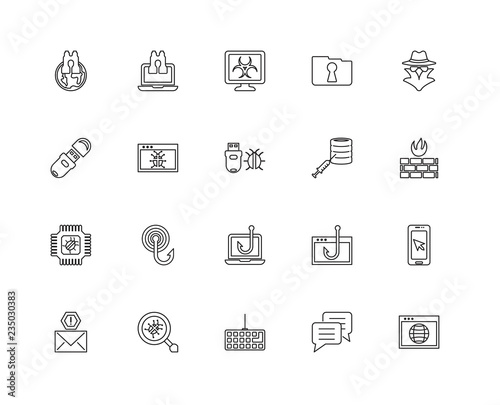 Collection of 20 Cyber linear icons such as Chip, Browser, Chat,