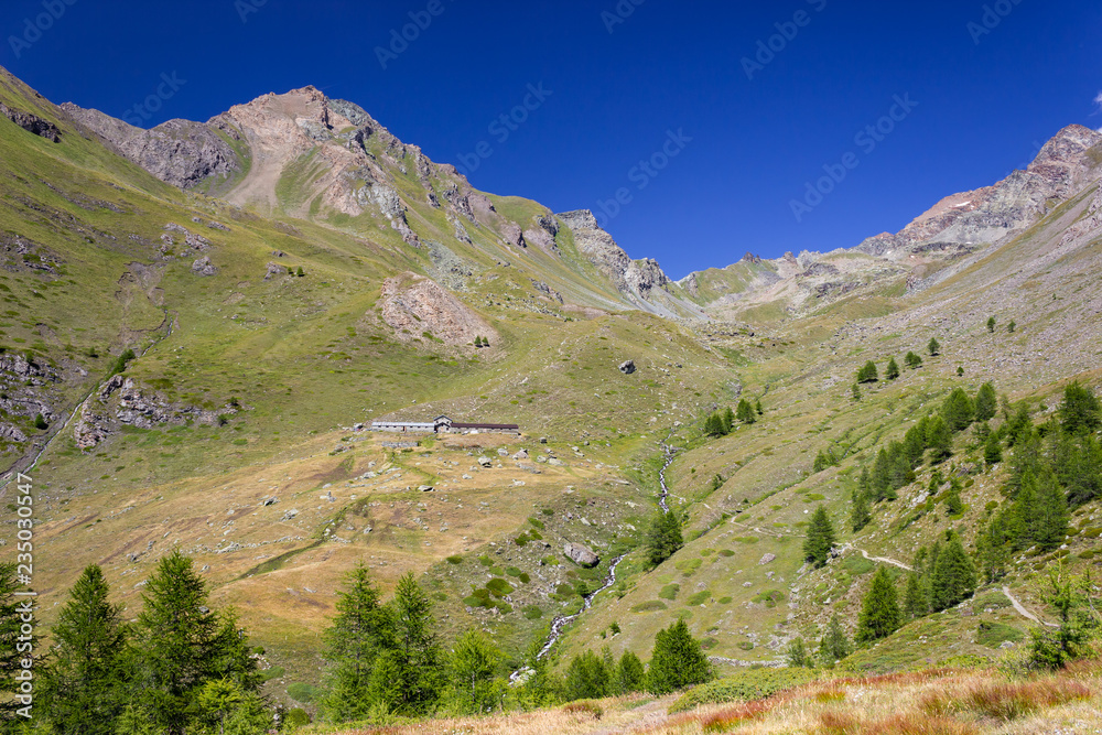 Mountain landscape. View of the tall Arpisson valley with a clear blue sky. Cogne, Aosta valley, Italy.