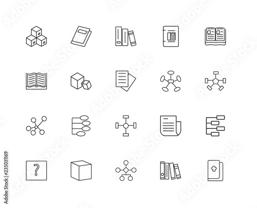 Collection of 20 content linear icons such as Nodes, Book, Cube,