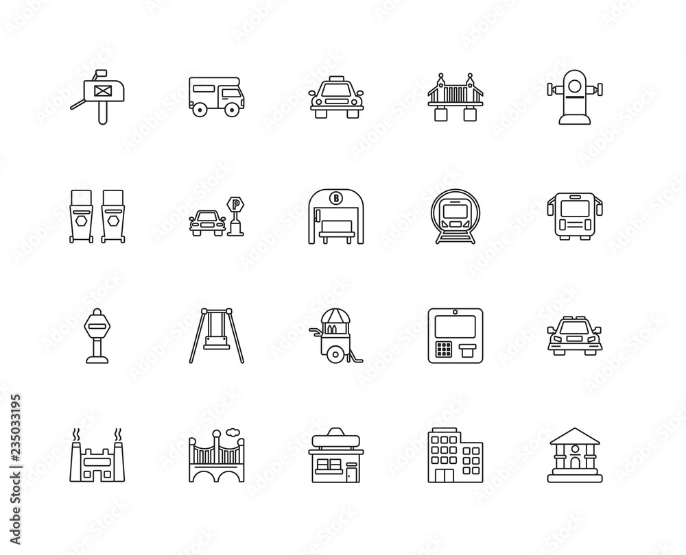 Collection of 20 city elements linear icons such as Stop, Museum