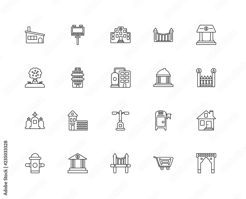 Collection of 20 city elements linear icons such as Cementery, A Collection of 20 city elements linear icons such as Cementery, A