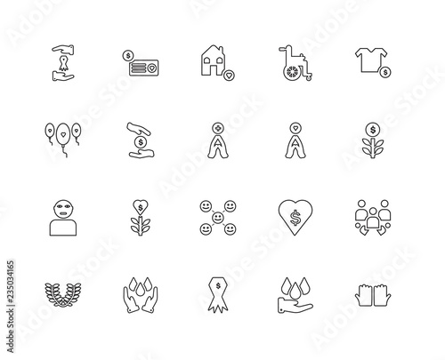 Collection of 20 charity linear icons such as Gandhi, Hand, Dona