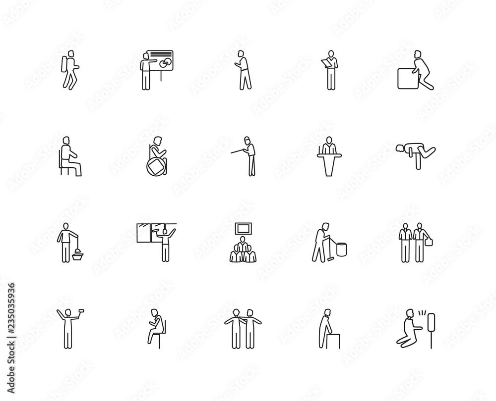 Collection of 20 behavior linear icons such as Man Welding, Stic Collection of 20 behavior linear icons such as Man Welding, Stic