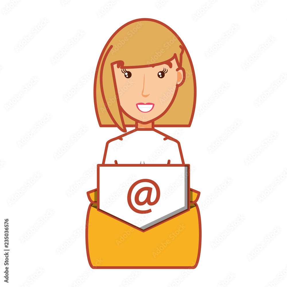 woman and envelope mail with arroba symbol woman and envelope mail with arroba symbol