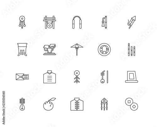 Collection of 20 Asian linear icons such as Envelope, Coin, Chin