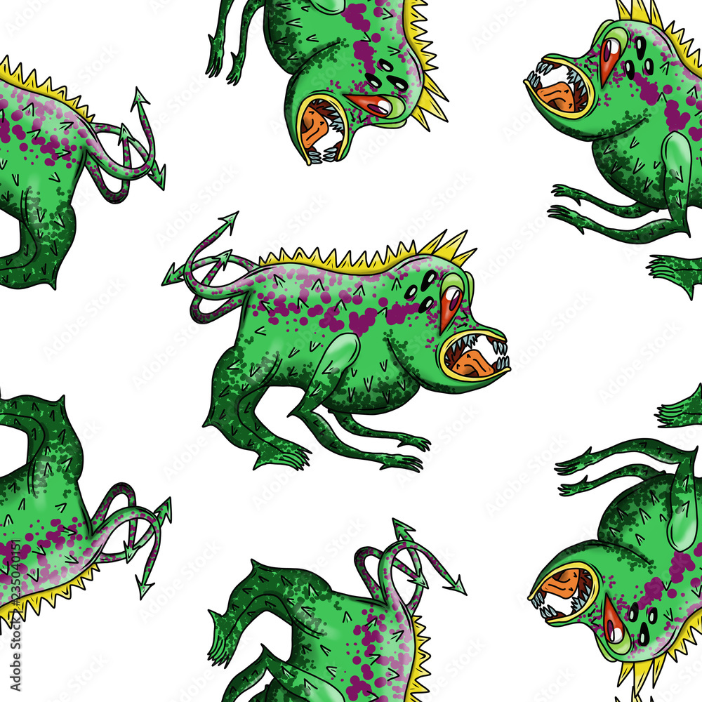 Obraz premium Wacky, Crazy space alien or monster cartoon. Seemless Pattern. Computer graphic comic original illustration.