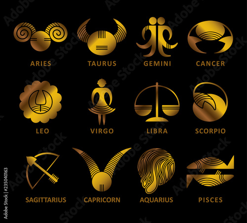 Golden symbols of the zodiac signs on a black background. Set of astrological zodiac symbols. 
Horoscope signs. Suitable for web pages, mobile applications.
