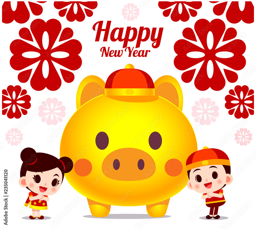 Naklejka premium Vector cute Chinese boy and girl character with giant golden pig for happy new year card