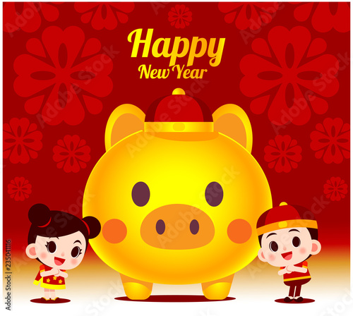 Vector cute Chinese boy and girl character with giant golden pig for happy new year card