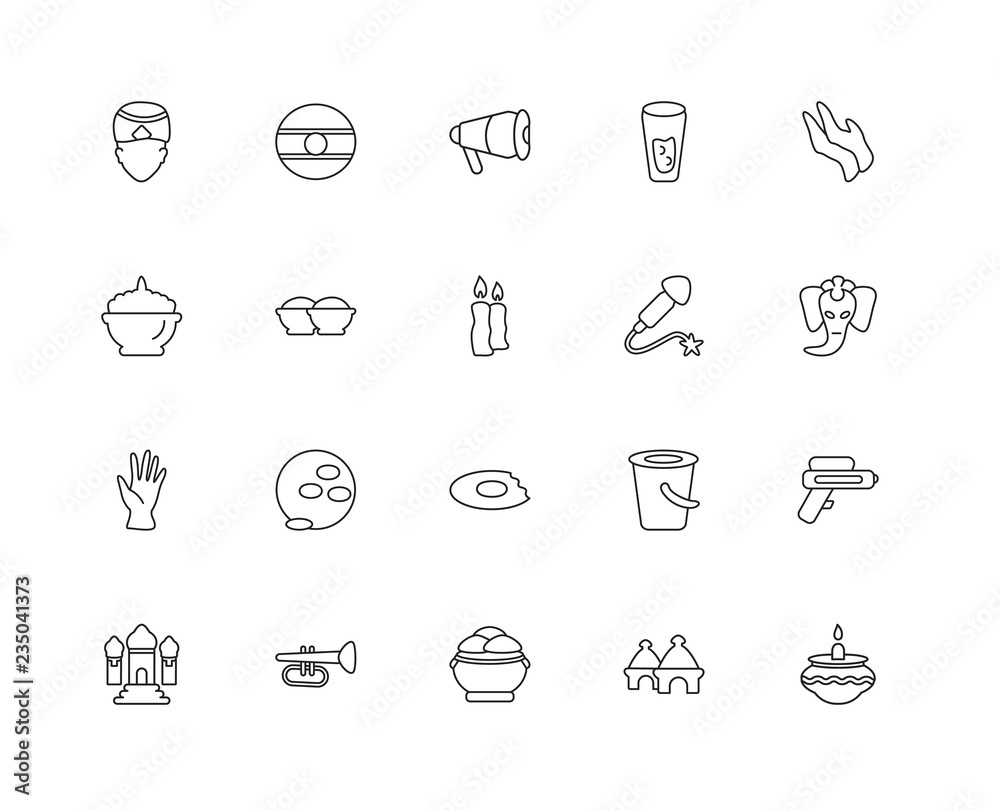Fototapeta premium Collection of 20 India and Holi linear icons such as,