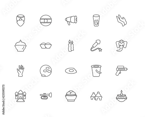 Collection of 20 India and Holi linear icons such as,